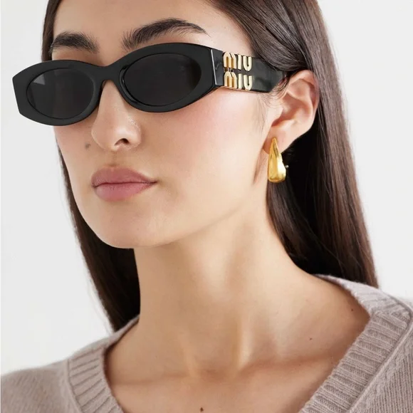 Miu Miu Black Oval Sunglasses with Gold Logo Temples - Picture 6 of 14